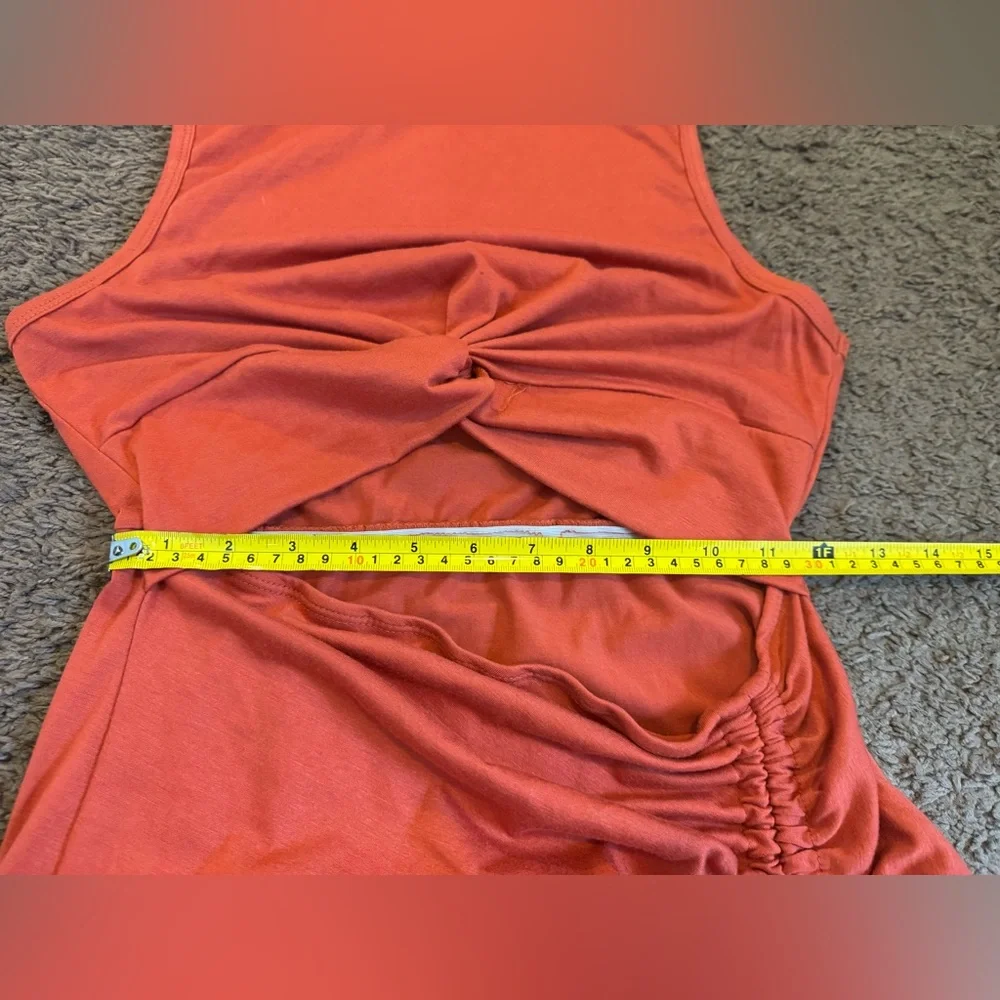 2 FOR $25 Orange Cut Out Knot Front Ruched Midi Dress Stretchy Size S M - Picture 8 of 8